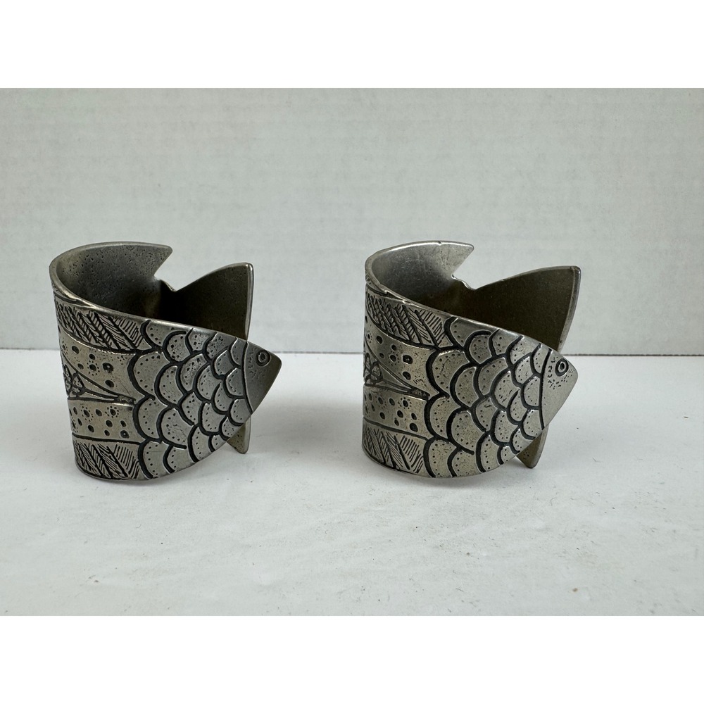Vintage Pewter Fish Napkin Rings Set of 2 Etched Coastal Nautical Table Decor